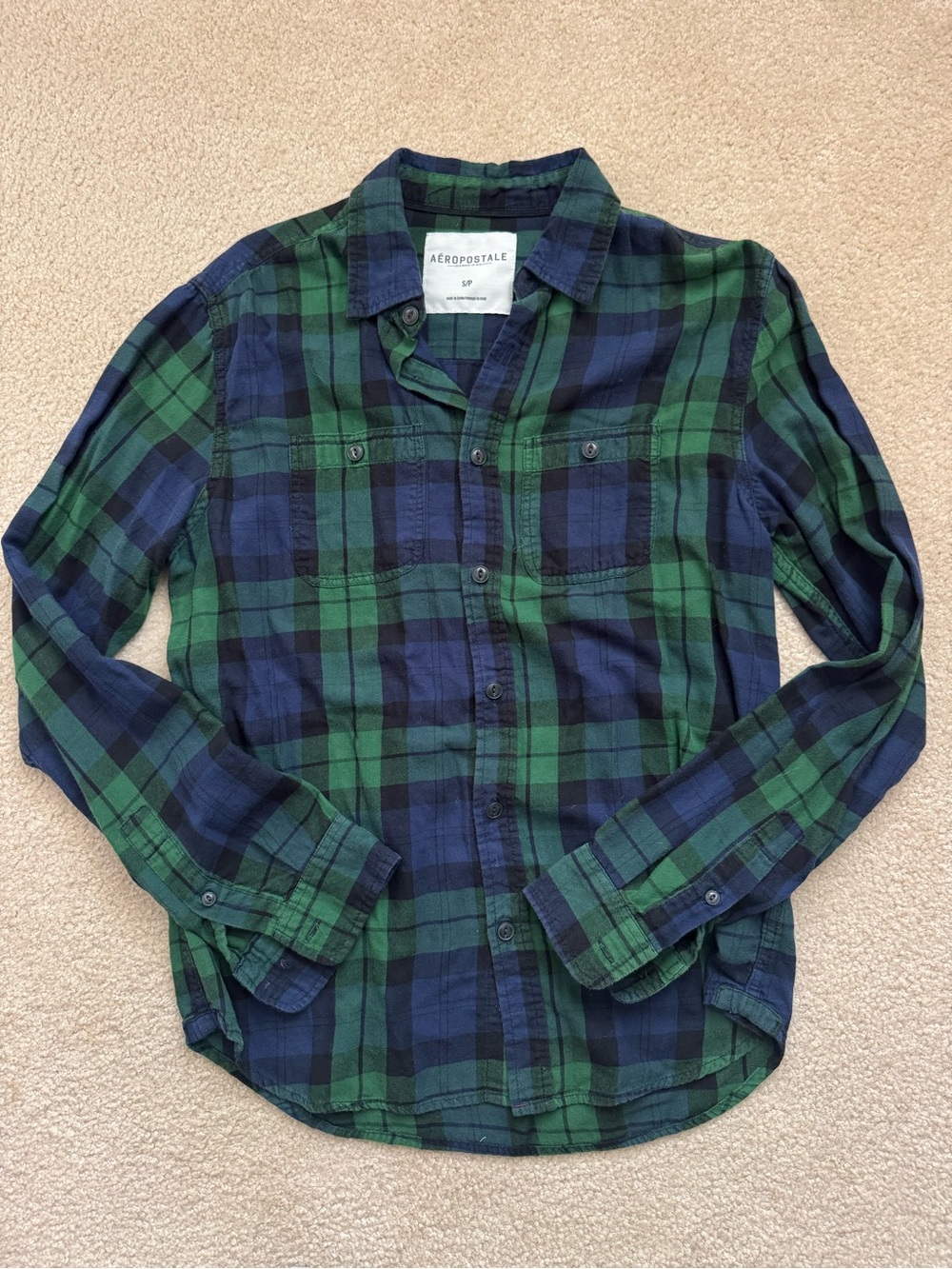 Men’s Aeropostale Green & Navy Plaid Button Down Flannel Shirt